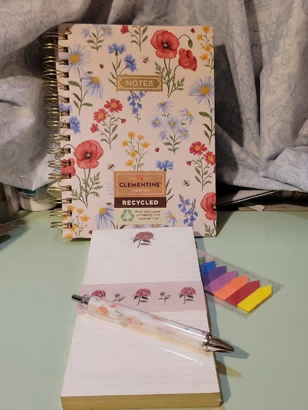 Clementine Floral Spiral Notebook - Recycled Pink & Blue Pen Magnetic List Pad